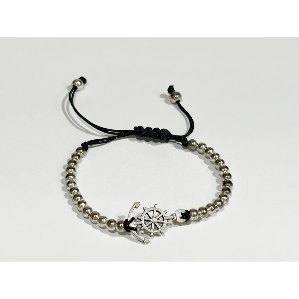 Nautical Anchor & Ship Wheel Bracelet Silver Beads Adjustable Rope Unisex 6-9" - Picture 2 of 12